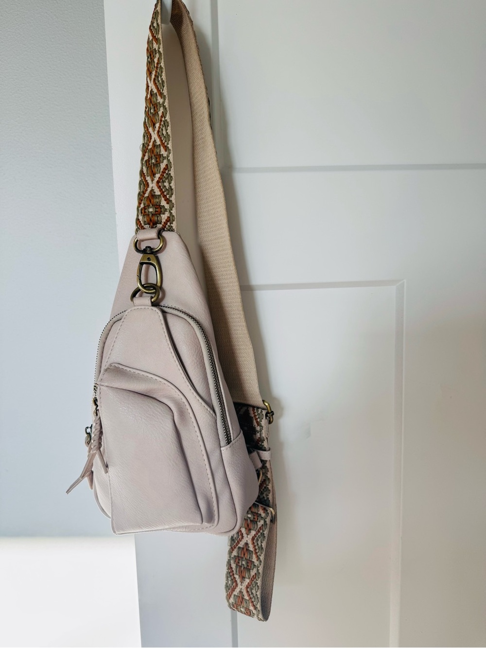 Light Pink Leather Crossbody Sling Bag with Patterned Strap - Picture 2 of 2